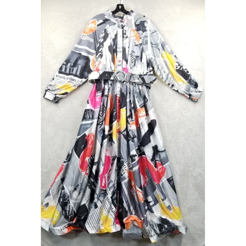L'Atiste by Amy Dress Women 3X Maxi Multi Graphic News Print Pleated Puff Sleeve